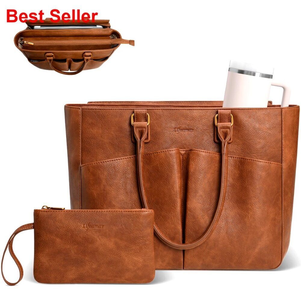 Large Leather Laptop Tote Bag with Cup Holder for Work & Travel